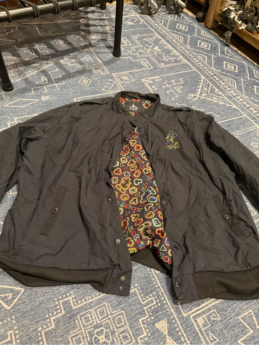 Disney Black Bomber Jacket with Colorful Patterned Lining